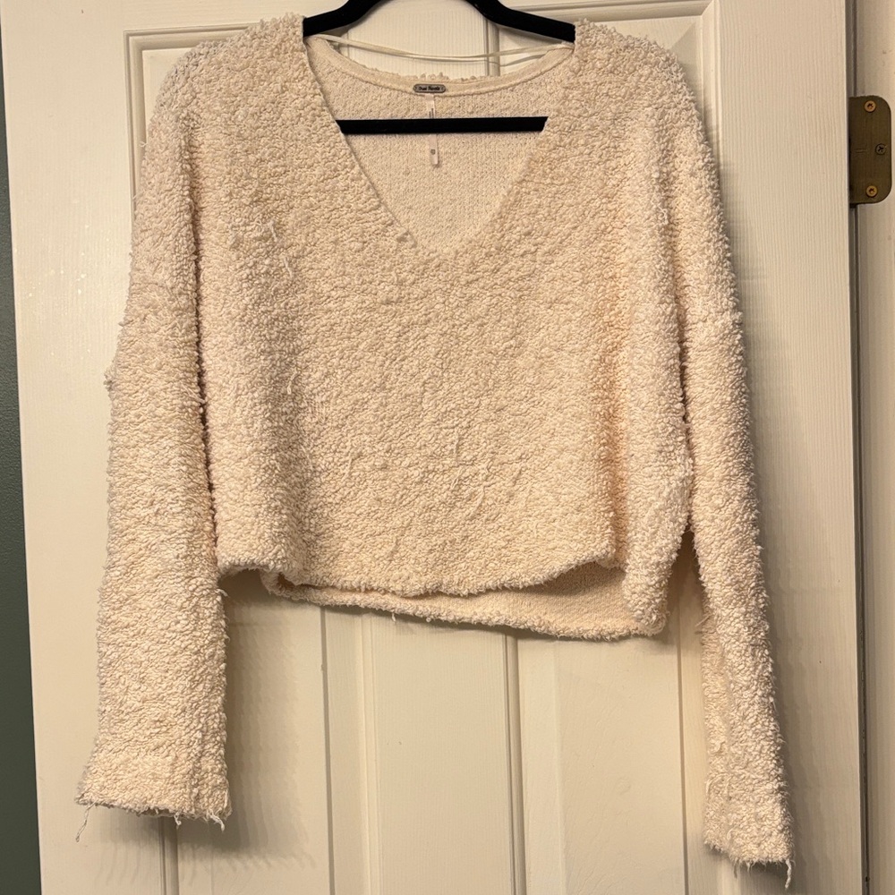 Free People Cream Textured Cropped Sweater